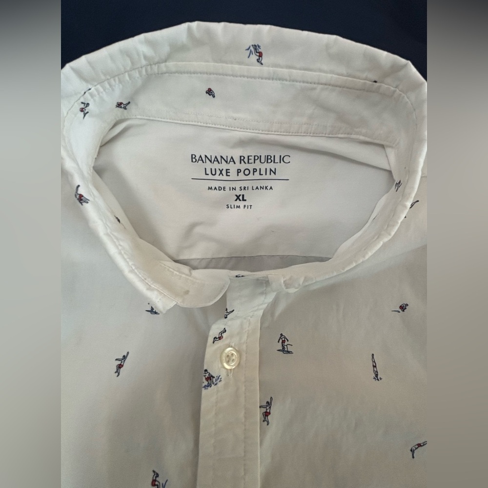 BANANA REPUBLIC Luxe Cotton Men’s Slim Fit White “swimming pool fun” Shirt- XL